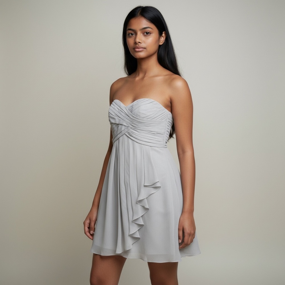 Davids Bridal Formal Dress Gray Knee Length Sweetheart Neck, Chiffon, Size 8 NEW